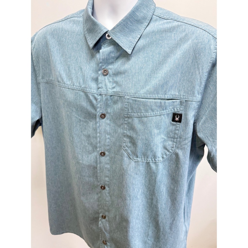 Spyder Mens Short Sleeve Button Down Shirt Blue Heathered Outdoor Active Top - Picture 9 of 12